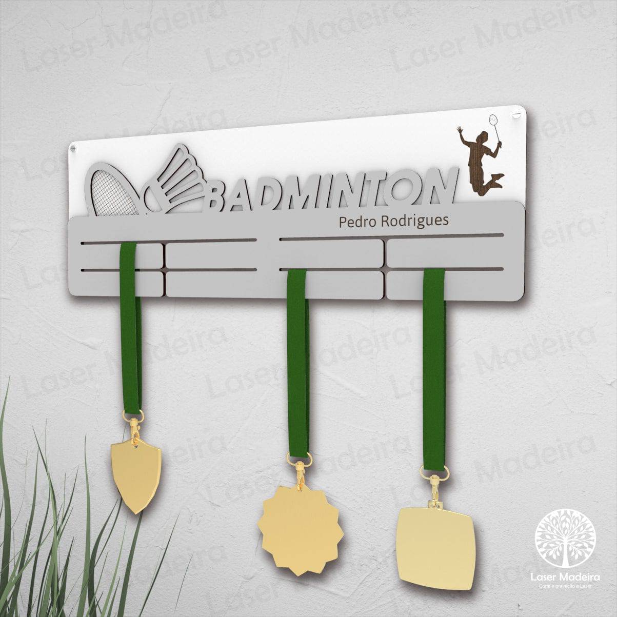Placa Porta-Medalhas - Badminton - Laser Madeira
